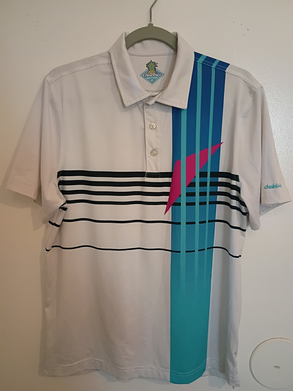 chubbies White Polo with Teal Stripe & Pink Accent